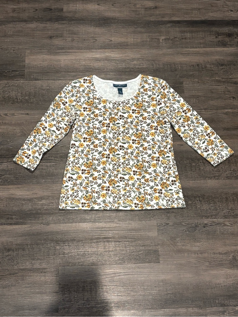 Karen Scott White Floral Top with Mustard and Olive Accents